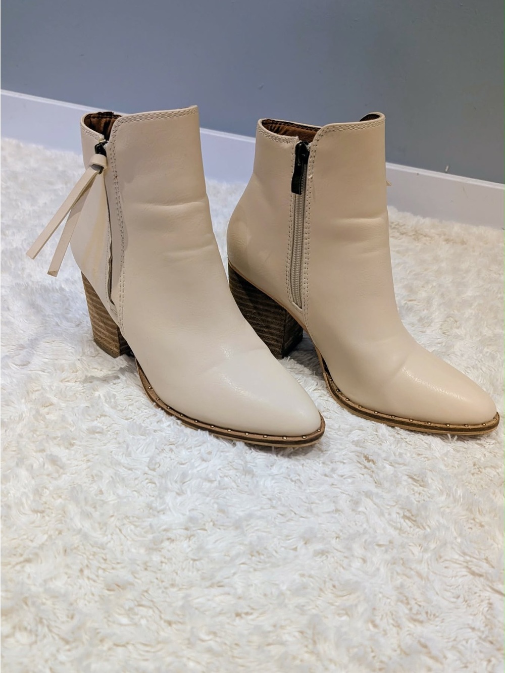 Women's Cream Ankle Boots with Block Heel